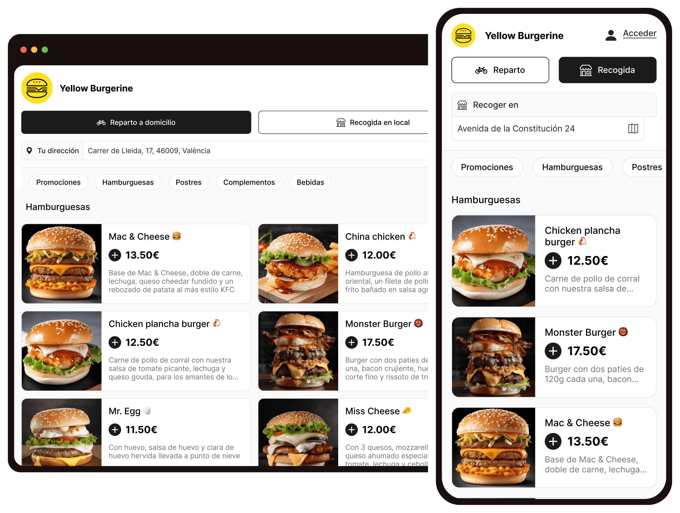 Interfaz de tienda online de comida para llevar o a domicilio para restaurantes